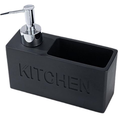Dispensador de jabón de cocina con pulsador y soporte para esponja, botella multifuncional para jabón, loción, esponjas y cepillos, diseño elegante para la cocina. (1/5)