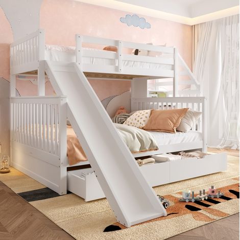 DESVIAE Lit superposé 90 x 200 140 x 200 avec tiroirs rangement et toboggan pin blanc antique (1/5)