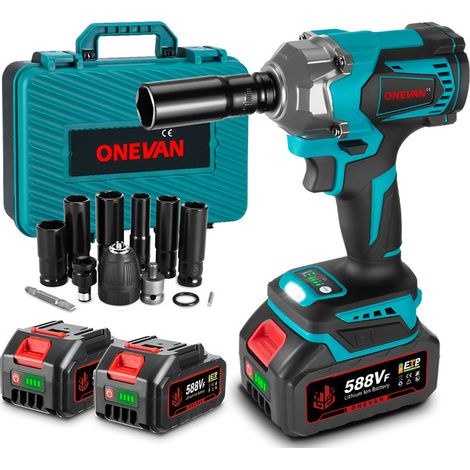Llave de impacto inalámbrica ONEVAN de 700 Nm y 1/2" con dos baterías de 3 Ah para reparación de automóviles, construcción y carpintería. Incluye 12 accesorios