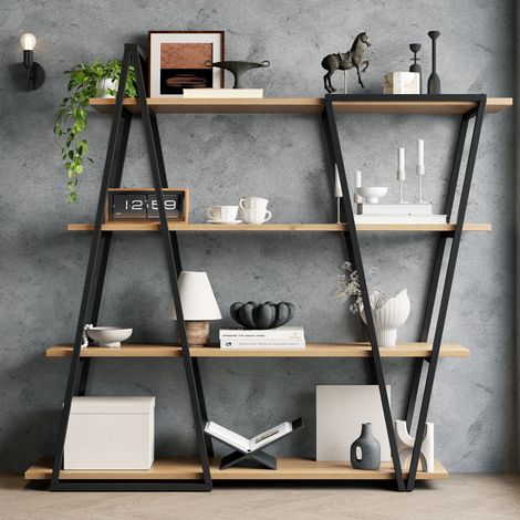 Libreria Geometrica con 4 Ripiani Aperti, Sistema Antiribaltamento, Soggiorno, Cucina, Ufficio, 158×35×166 cm (1/5)