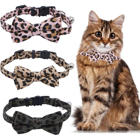 Lot de 3 colliers pour chat, jolis colliers pour chaton, nœud papillon pour animal domestique, motif léopard, collier réglable avec clochettes (1/5)