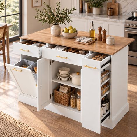 Îlot de Cuisine 120 cm plateau rabattable compartiment poubelle 3 tiroirs étagère latérale coulissante grand espace de rangement (1/5)