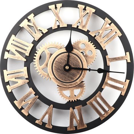 Horloge murale 3D rustique faite à la main, équipement en bois, décor vintage pour salon/bureau/bar, 30 cm, doré