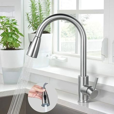 Kitchen Faucet, 304 Stainless Steel Sink Mixer Tap, 360° Rotating Sink Faucet with Pull-Out Spray, Kitchen Mixer Tap 2 Water Jets Brass Nut Brushed Lead Free (1/5)