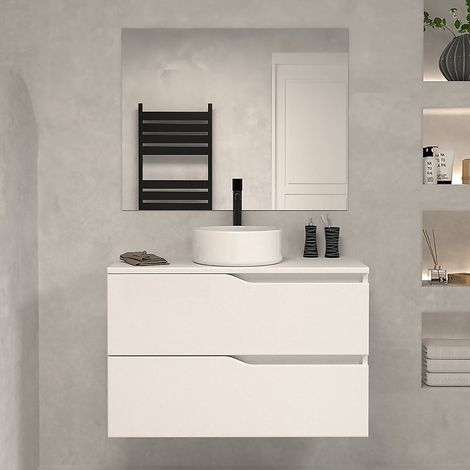 Meuble de salle de bain 80 avec plateau et vasque à poser - 2 tiroirs - blanc - LUNA (1/5)