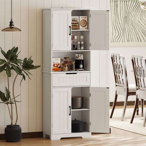 Küchenbuffet 60 x 30 x 172 cm – Aufbewahrungsschrank mit 4 Türen, 1 Schublade, offenem Fach und verstellbaren Einlegeböden, Weiß