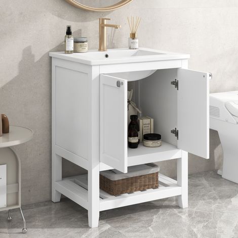 Meuble sous vasque avec vasque en céramique sur pied, surface laquée, rangement ouvert, pour salle de bain, blanc (1/5)