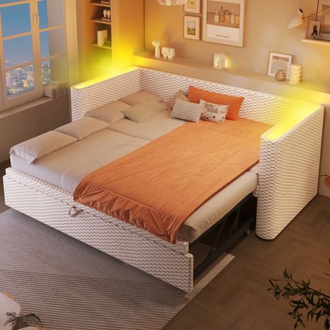 Cama nido 90x200 cm beige de terciopelo con LED y cama extensible 180x200 cm (1/5)