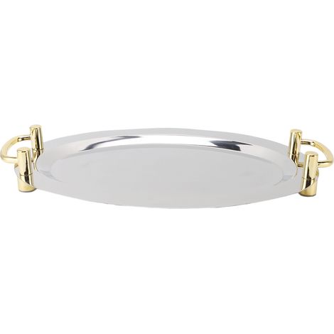 Plat inox avec poignée multifonction portable métal plateau de service assiette repas de restaurant hôtel buffet forme ronde poignée dorée, 46cm (1/5)