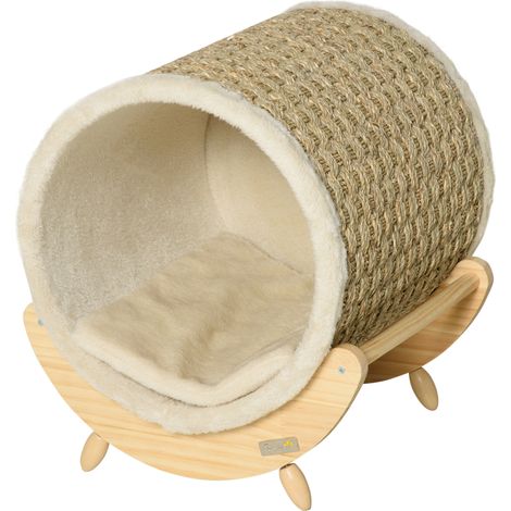 Grotte pour chat avec surface à griffer, coussin et griffoir cylindrique, naturel et beige, 41x38x43 cm