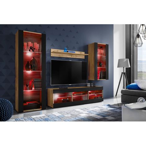 Komodee Ensemble de Meubles Tivoli Medio, Wotan/Noir, Largeur 245cm x Hauteur 159cm x Profondeur 35cm, LED RGB, 3 étagères, pour Salon, Chambre, Entrée
