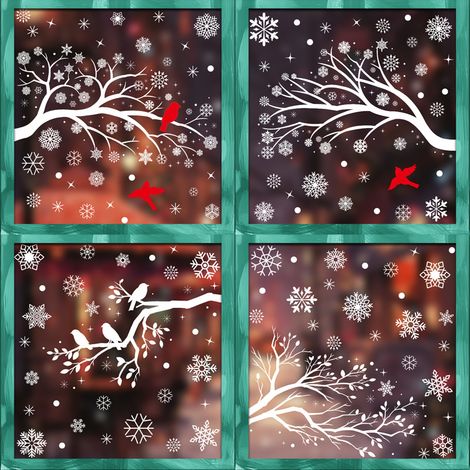 Autocollants pour fenêtre flocons de neige blancs et branches d'arbre, autocollants scène de forêt enneigée avec colibris, décorations de Noël hivernales, décorations de fenêtre statiques, anti-collis