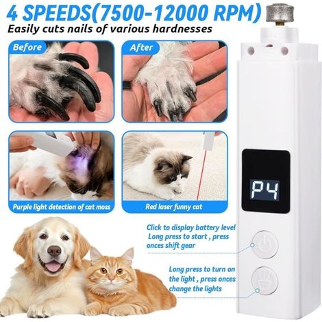 Hunde-Krallenfeile, wiederaufladbarer elektrischer Krallenschneider mit 4 Geschwindigkeitsstufen und LED-Beleuchtung, leise (45 dB), 3 Anschlüsse, professionell für große, mittlere und kleine Hunde un (1/4)