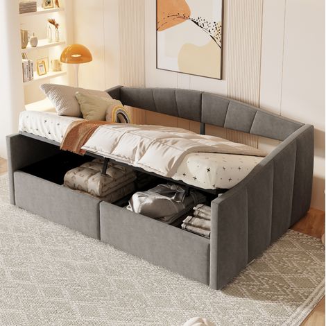 Lit canapé 140 x 200 cm en velours gris avec rangement hydraulique et accoudoirs (1/5)