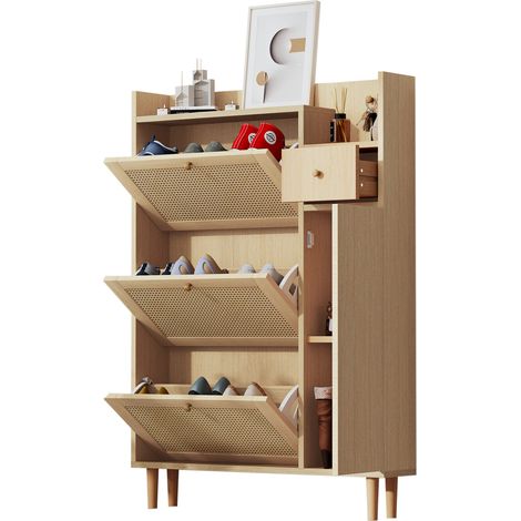 Armoire à chaussures en rotin bois d’ingénierie 3 portes basculantes 1 tiroir pieds bois massif W90/H125/D17 cm-Ha. (1/5)
