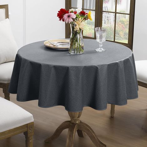 Nappe de table en toile cirée, ronde 140 cm avec ourlet, aspect lin anthracite, pour l'extérieur, résistante aux intempéries, imperméable, essuyable, nappe de jardin, table cloth pour (1/5)