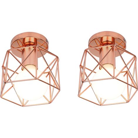 Plafonnier Industrielle Vintage Lampe de Plafond Cage en Métal Suspension Luminaire E27 Rose Ø15CM pour Salon Chambre Café Bar - 2Pcs