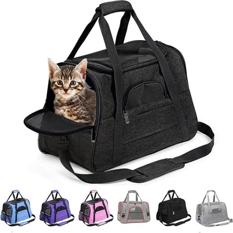 Cat and Dog Transport Bag, Breathable and Foldable Cat Transport Box with Removable Plush Mattress, Cat Transport Bag (Black) (1/5)
