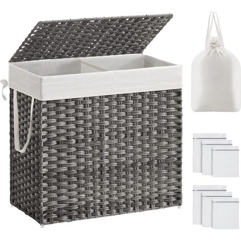 SONGMICS Cesto Portabiancheria con Coperchio, Cesta per Bucato 130L, 2 Scomparti, Sacco Estraibile con Manici, Intrecciato a Mano, in Camera da Letto, Bagno, 33 x 66 x 60 cm, Grigio LCB253G01 (1/5)