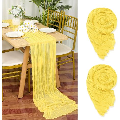 Lot de 2 Chemins de Table en étamine en Jaune Clair, 90 x 300cm en Tissu de Gaze Rustique,Jaune décoration de Table de Mariage Nappe pour fête de Douche Nuptiale décorations de Table