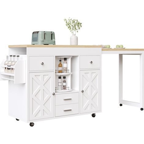 Table bar extensible blanche avec rangements, organiseur pivotant 360°, tiroirs et roulettes freinées, idéale pour petits espaces et cuisine – CHICFURN (1/5)