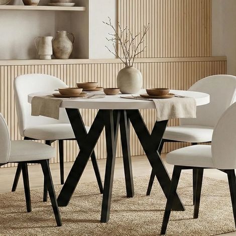 Table de salle à manger ronde extensible PERO, style loft, scandinave, diamètre : 90 / 140 cm, couleur : blanc / noir (1/5)