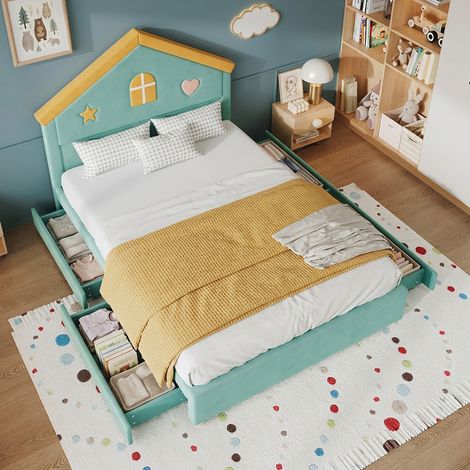 Kinderbett 140x200 cm Hausbett Polsterbett in Blaugrün, Kinderbett mit 4 Schubladen, Stauraumbett für Kinderzimmer, Jugendbett mit französischem Samt, gepolstertes Bett mit Haus-Kopfteil (1/5)