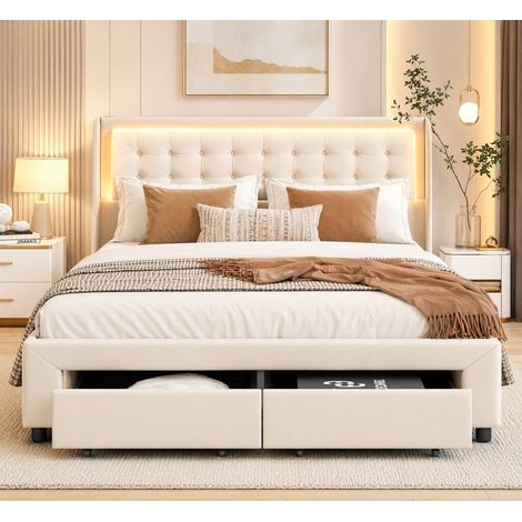 Superaly Lit Coffre 160x200 cm, Rangement Hydraulique, Lit Double Capitonné, 2 Tiroirs de Rangement Supplémentaires, Éclairage LED télécommande, Style Moderne, Velours, Beige