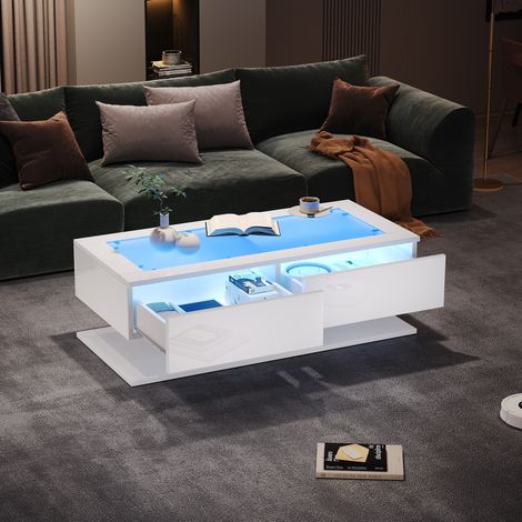 Table basse en panneaux de particules blanc brillant avec verre trempé et LED, 100 x 50 cm, 2 tiroirs (1/5)
