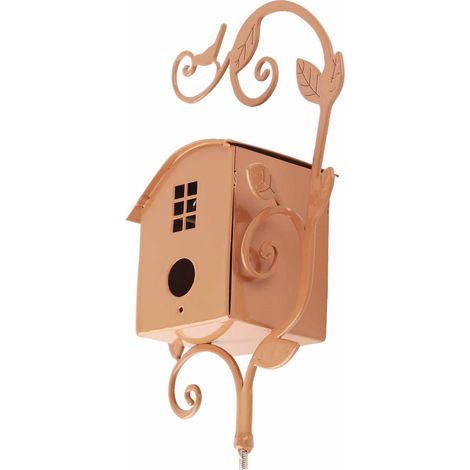Maison d'oiseaux en métal avec poteau, Art métallique cottage, Maison d'oiseaux en métal patinée, Décor de jardin pour maison de colibris (1/5)