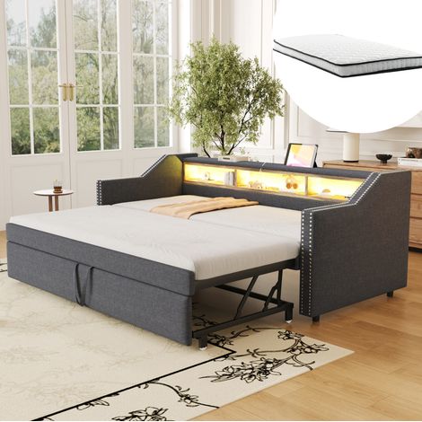 Divano letto estraibile 90/180x190 cm grigio scuro in lino con LED, USB e 2 materassi (1/5)