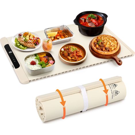 Randaco Tapis chauffant pour aliments Chauffe Plat Electrique en Silicone Enroulable et Portable -240W 65x38cm, Tapis Chauffant Alimentaire avec 6 Reglages de Temperature-Blanc (1/3)