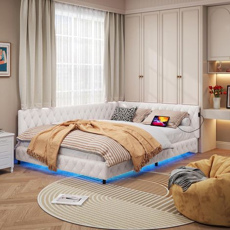 Schlafsofa 140x200cm mit LED & USB, Tagesbett Jugendbett, Samt, Creme (1/5)