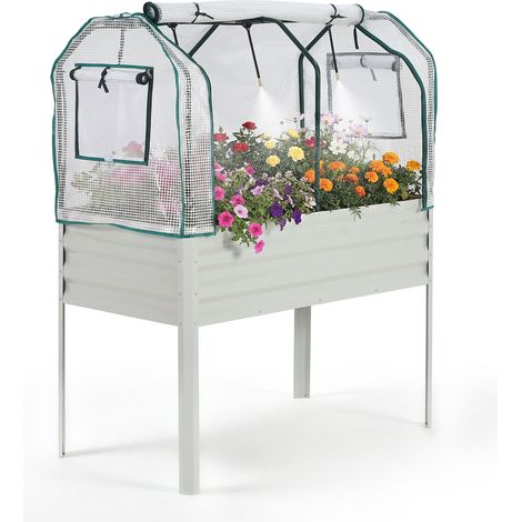 LUNSY - Jardinière surélevée galvanisée 122×61×140cm avec serre et filet anti-oiseaux, bac potager profond sur pieds, balcon jardin(Beige) (1/5)