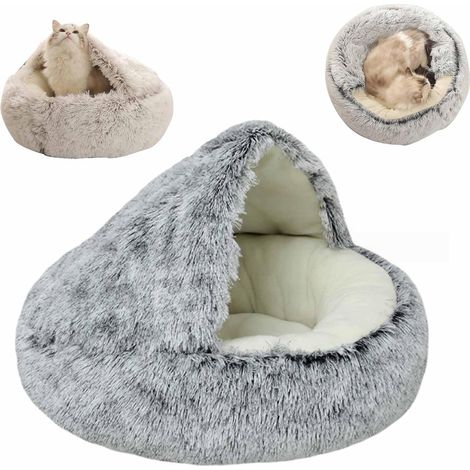 1 Lit Pour Chat Peluche, Capuche, Doux, Gris, Intérieur (1/5)