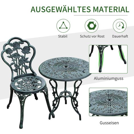 Set de jardin Bistro 3 pièces, mobilier extérieur vert antique en aluminium moulé pour balcon, terrasse et patio. (1/5)