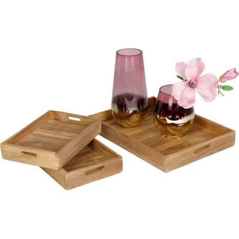 Tablett-Set aus Teakholz 3tlg Serviertablett Dekotablett Frühstückstablett Küche (1/3)