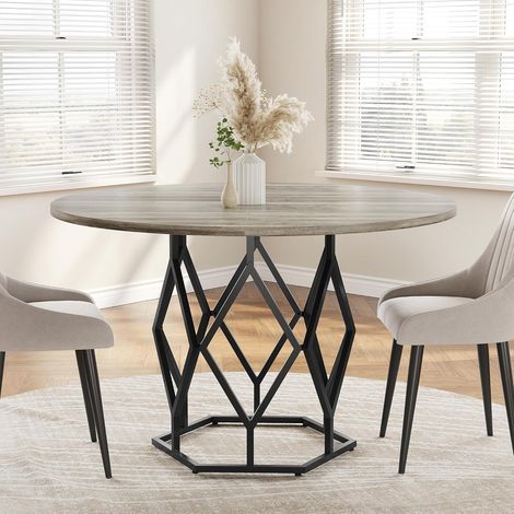 Table à manger ronde 120 cm - 4 à 6 personnes - Style ferme - Base en métal diamant - Gris (1/5)