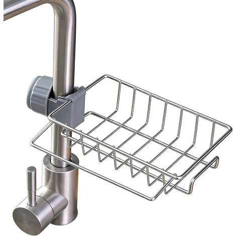 Étagère Douche Sans Percage Inox 304 Barre à Serviettes Incluse, Panier Évier Cuisine Antirouille Rangement pour Éponges et Torchons Fixation Clip-on pour Tringle 18-27mm Robinet Argenté (1/5)