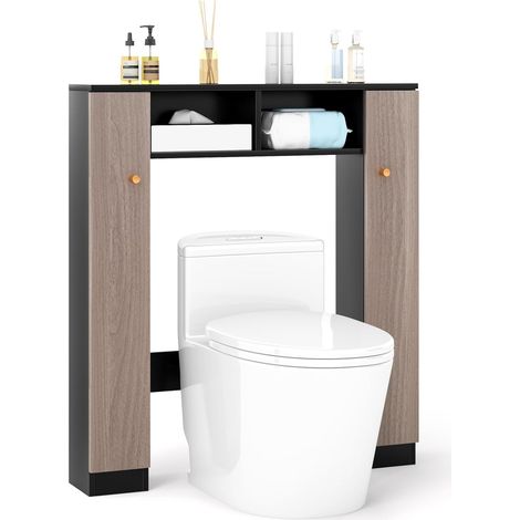 COSTWAY Scaffale Sopra WC 87.5x18x98cm, Mobile per Bagno con Doppia Anta, 2 Scomparti Aperti e 4 Ripiani Regolabili, Armadietto Salvaspazio da Terra per Bagno Lavanderia (Nero)