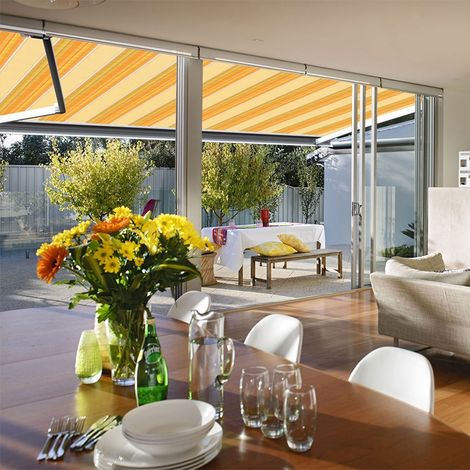 Sunny Inch – Store banne extérieur coffre intégral motorisé et manuel – Jaune rayé – Longueur 2.5 m – Largeur 2 m – Résistance au vent classe 2 (1/5)