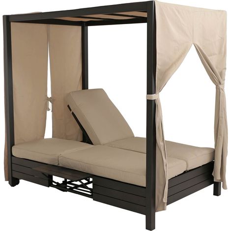 Aluminium Lounge-Gartenliege HHG-922, XL Sonnenliege Bali-Liege Daybed, 10cm-Polster 193x126x204cm schwarz Kissen creme