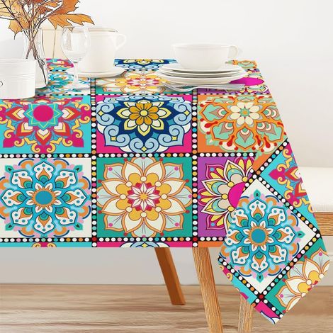 Nappe de table carrée en patchwork mandala - 152,4 x 228,6 cm - Style vintage - Imperméable - Pour pique-nique, mariage, anniversaire, goûter (1/5)