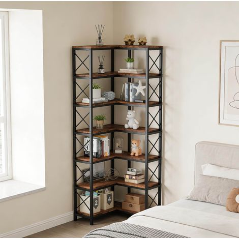 Librería de esquina industrial de metal y madera, 7 niveles, negro y marrón rústico OKMYHOME (1/5)