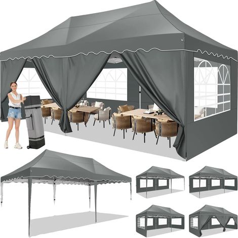 Tente Gazebo, Tissu Imperméable, Murs Latéraux Amovibles, Gris (1/2)
