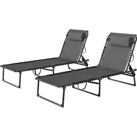 Lot de 2 bain de soleil transat pliable dossier inclinable multi-positions acier lacets élastiques textilène gris