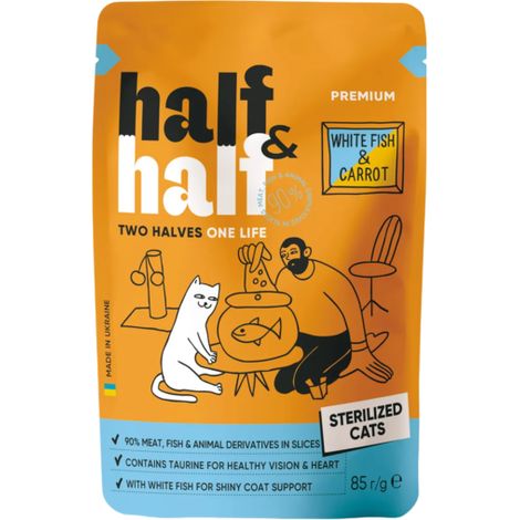 Pâtée pour chat Half&Half au poisson blanc stérilisé et aux carottes en sauce 85 g (1/2)