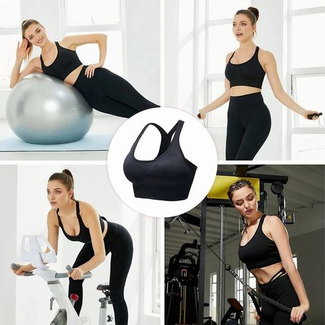 Damen-Sport-BH, ohne Bügel, mit herausnehmbaren Polstern, Yoga-BH mit guter Stützwirkung, dehnbares Sporttop, Laufen/Radfahren, schwarz, Größe L. (1/5)