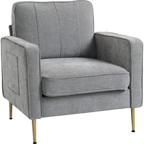 Canapé 1 place - HOMCOM - fauteuil pieds acier doré grand confort pochettes latérales salon - tissu - gris