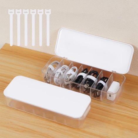 Kabelaufbewahrungsbox mit 14 Kabelbindern und 16 Etiketten, Kabelorganizer mit Deckel und Fächern, ideal für Büro und Zuhause – weiß